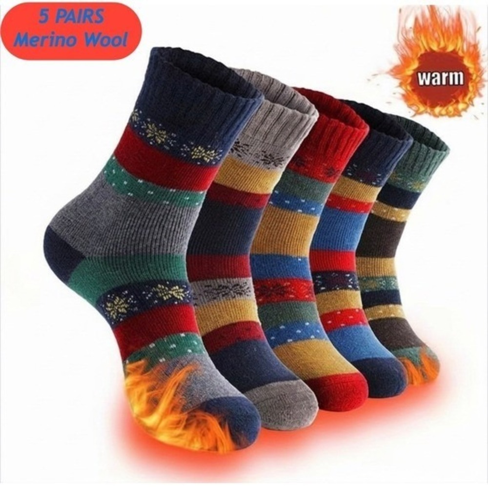 Merino Wool Thermal Winter Socks Multicolor Striped Snowflake LARGE Youth Unisex